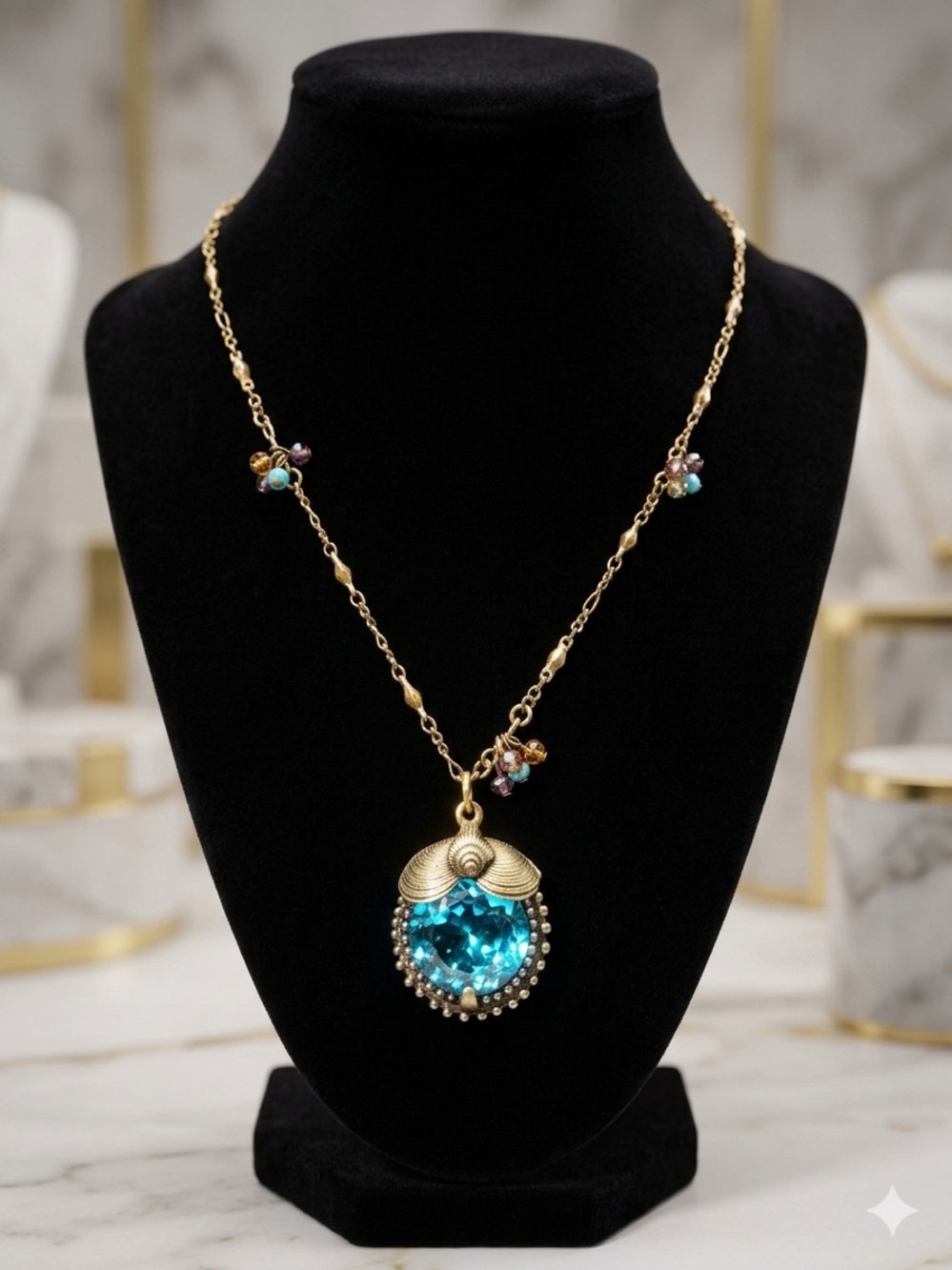 Sweet Romance Gold Necklace with Bright Blue Crystal Pendant